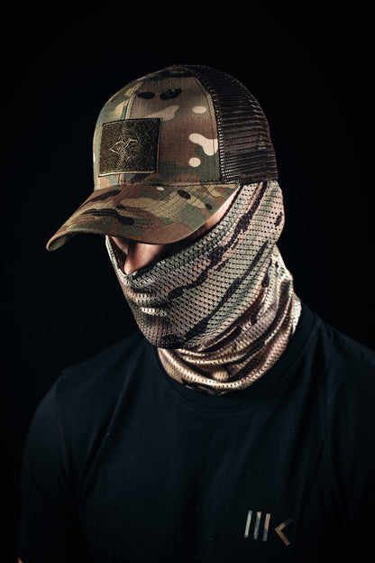 Multicamo mesh neck gaiter and caps